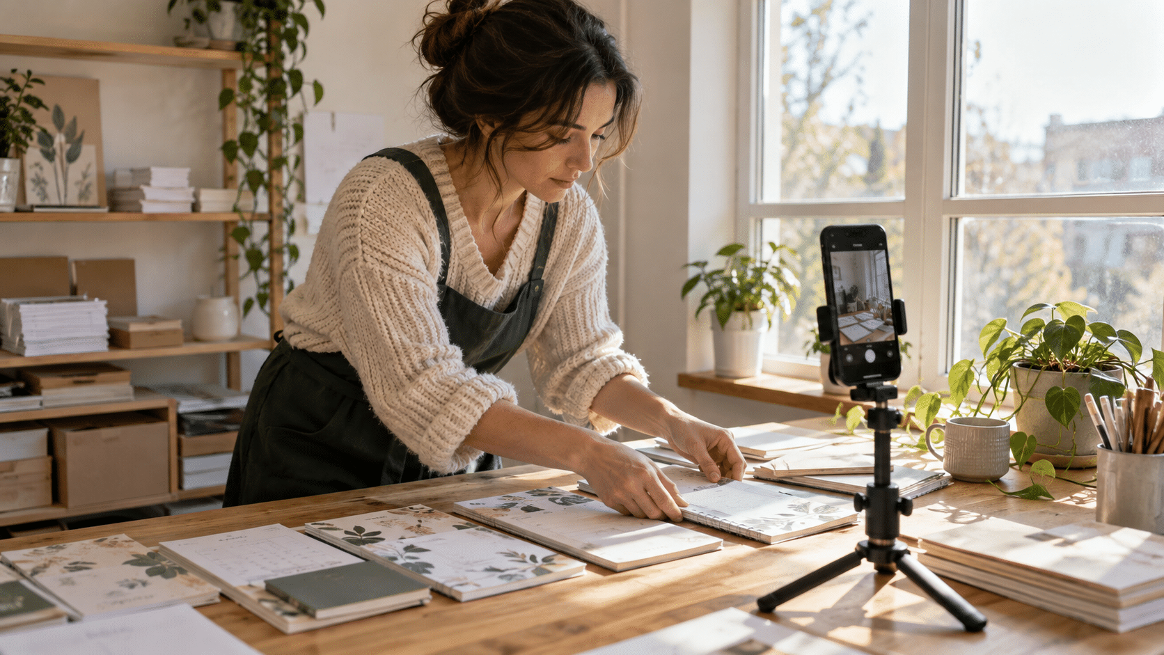 Persona preparando fotografías de planificadores con un móvil colocado en un trípode.