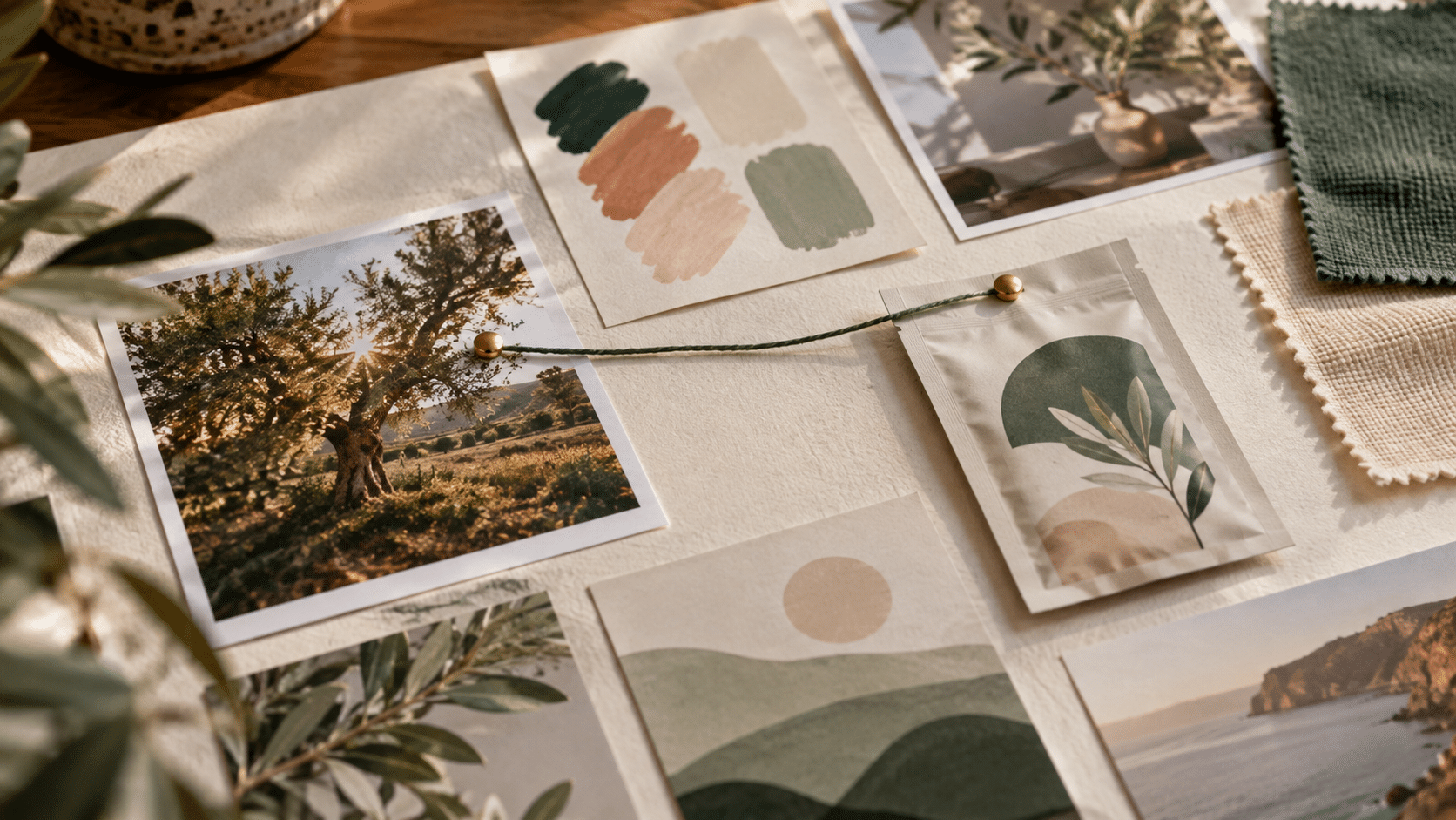 Tablero con fotografías, muestras de papel y composiciones de diseño conectadas con hilo.