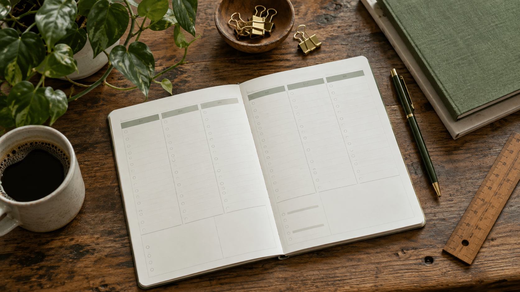 Detalle de un planificador semanal, una regla y material de escritura sobre una mesa.