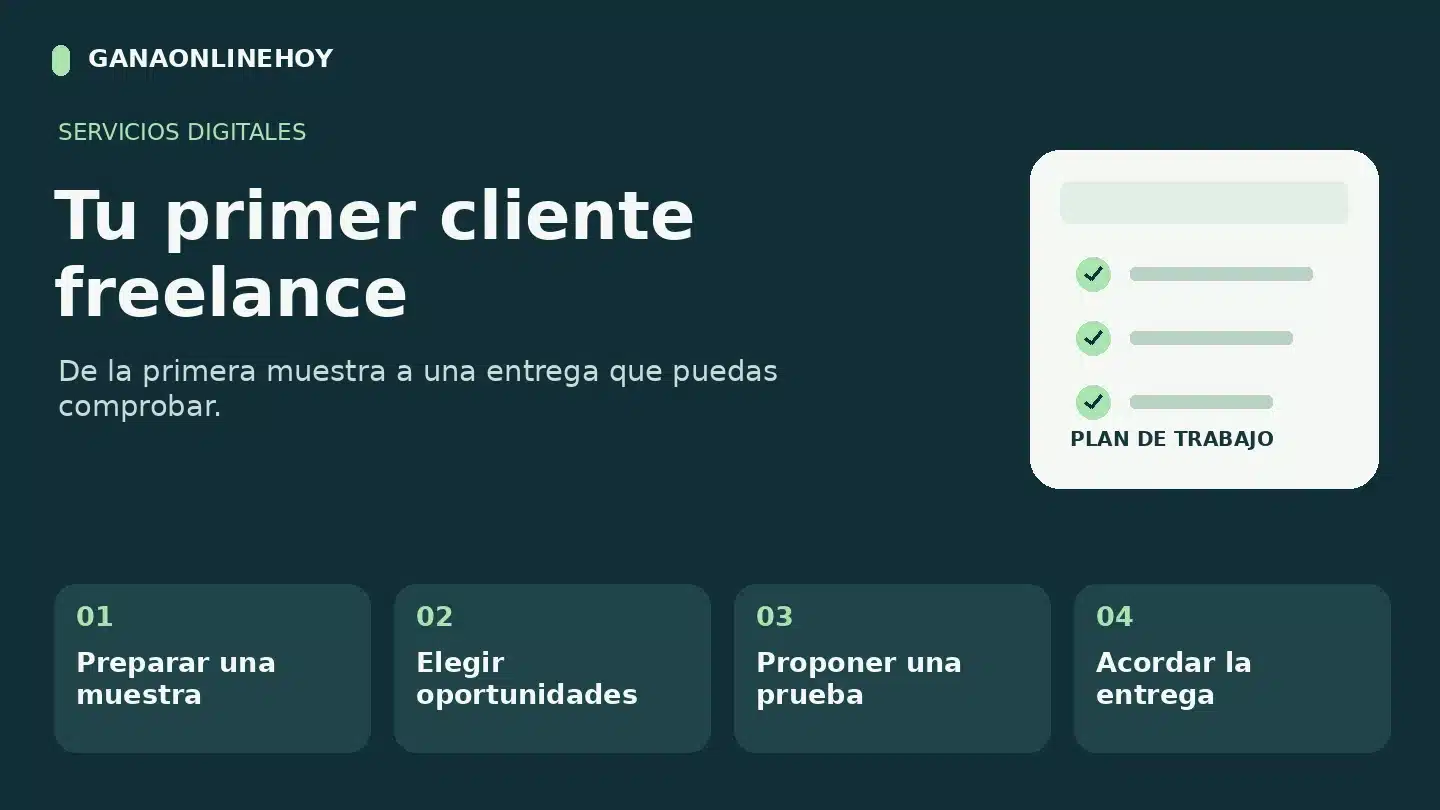 Tu primer cliente freelance: preparar una muestra, elegir oportunidades, proponer una prueba, acordar la entrega.