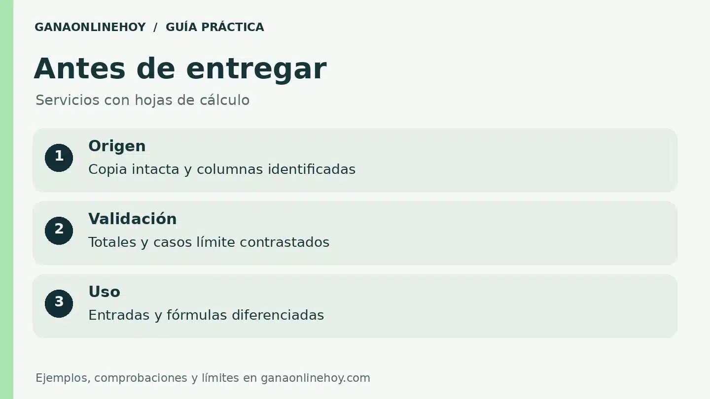 Lista de revisión para servicios con hojas de cálculo: origen, validación, uso.