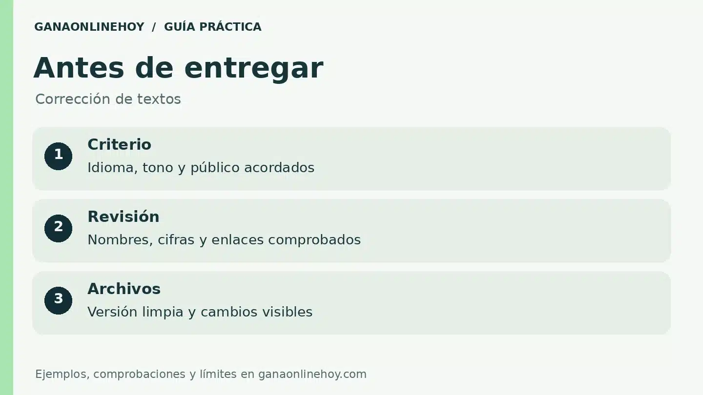 Lista de revisión para corrección de textos: criterio, revisión, archivos.