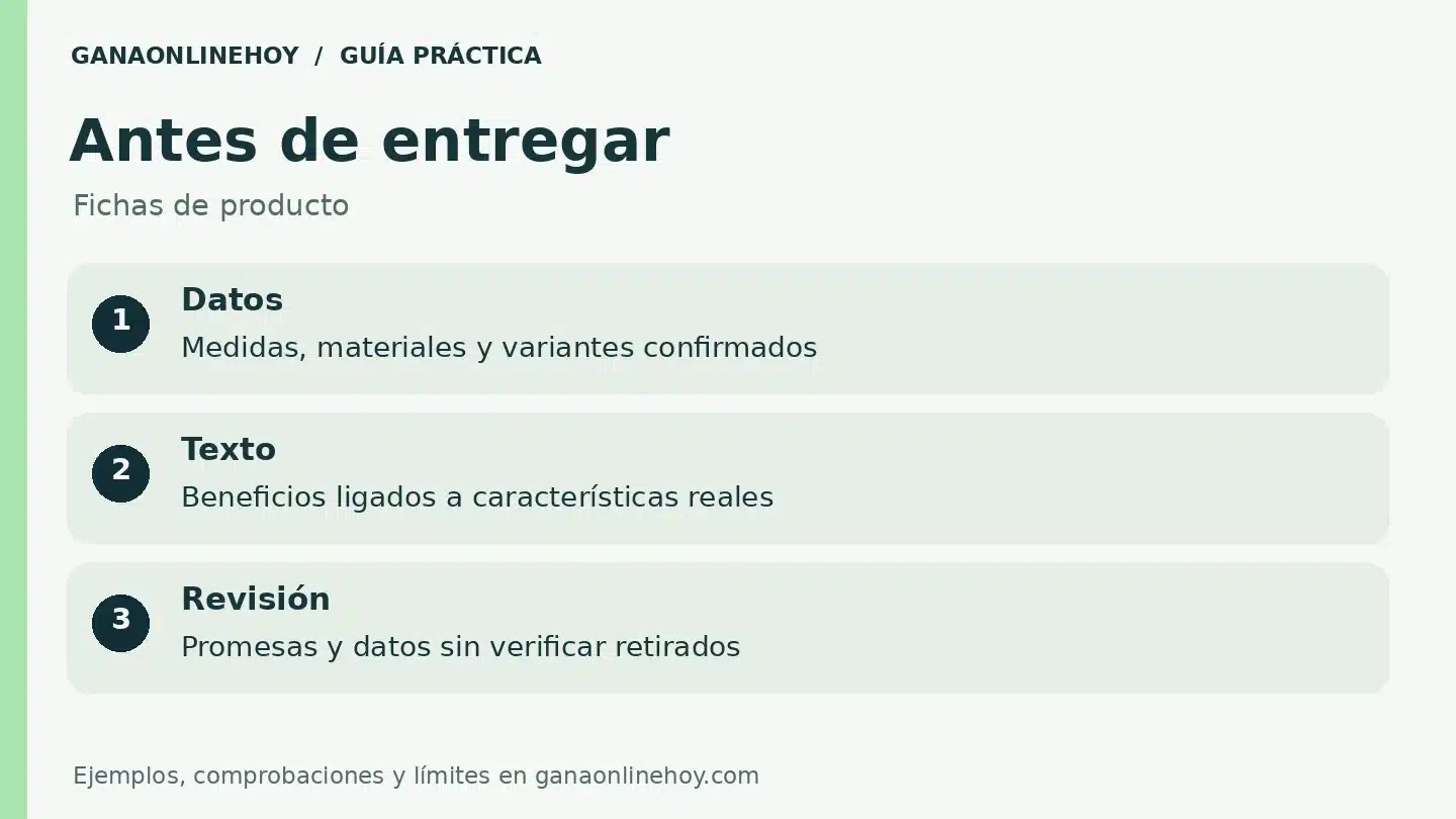Lista de revisión para fichas de producto: datos, texto, revisión.