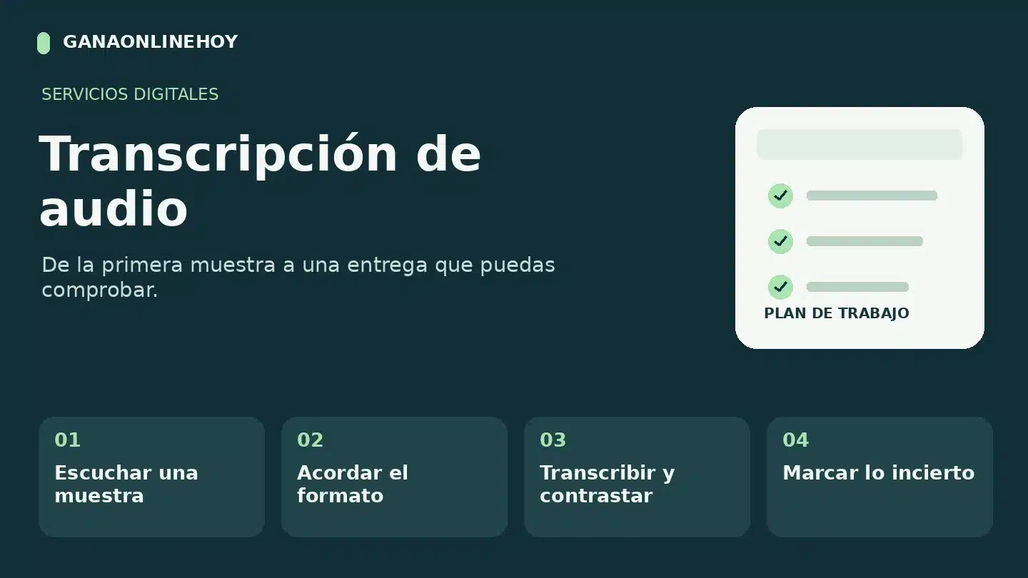 Transcripción de audio: escuchar una muestra, acordar el formato, transcribir y contrastar, marcar lo incierto.