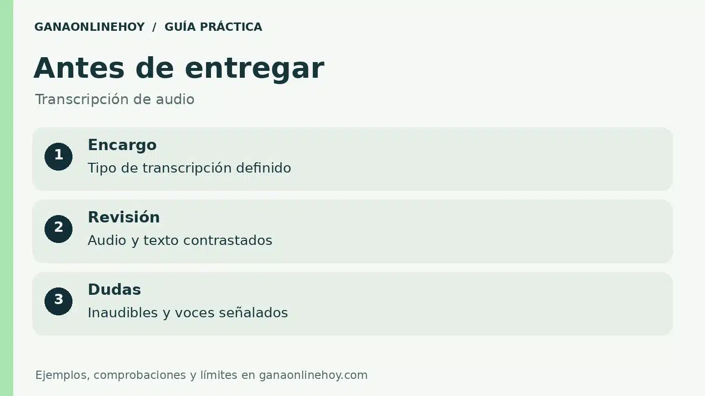 Lista de revisión para transcripción de audio: encargo, revisión, dudas.